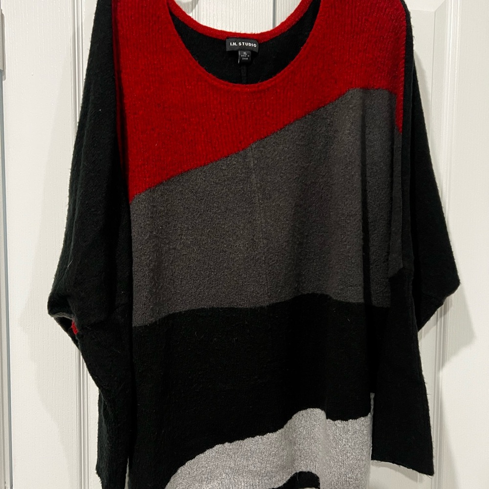 I.N. Studio Red, Gray & Black Colorblock Crewneck Sweater